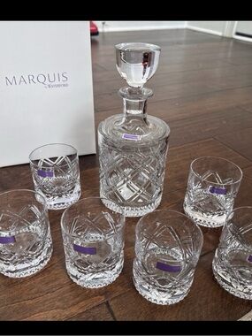 Waterford Crystal Clear Marquis Cut Decanter with Matching Tumblers